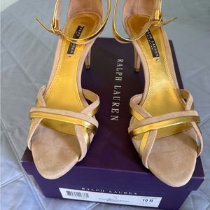 Ralph Lauren Purple Label Leather and suede gold and beige sandals size 10